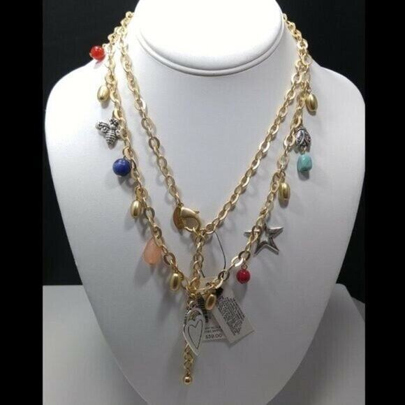 Chico's Gold Tone Charm Necklace, Bee Heart Star Beads, 39 Inches, New With Tags - Picture 5 of 10